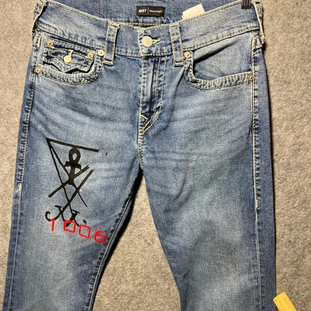 True Religion Ricky Big T Relaxed‎ Straight Jeans 31 Blue Flap Pocket Horseshoe